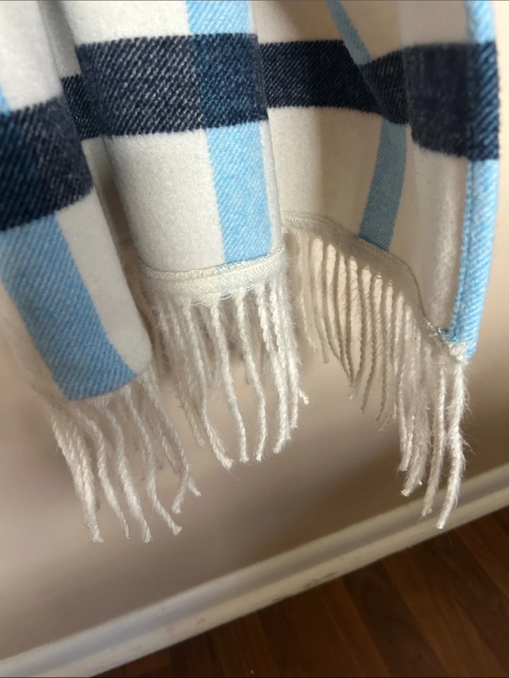 Striped Belted Fringe Multi coat in White, Light Blue & Navy (worn 2x)